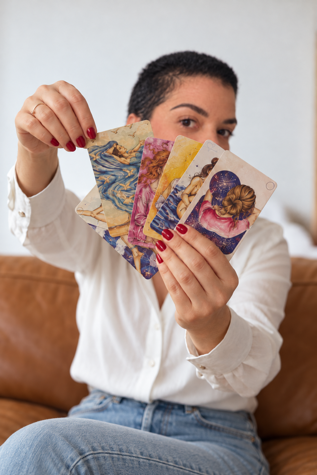 Rô Jussel segurando cartas de oráculo ilustradas