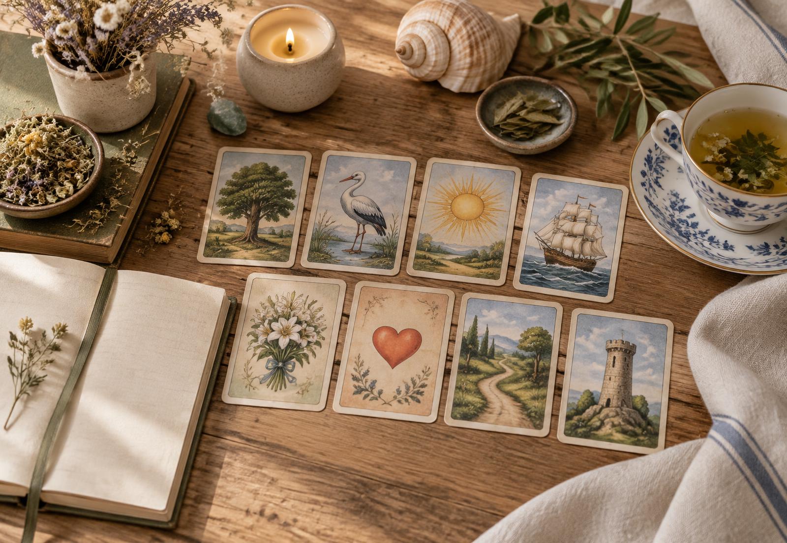 Mesa de madeira com cartas do Baralho Cigano, ervas, vela e caderno